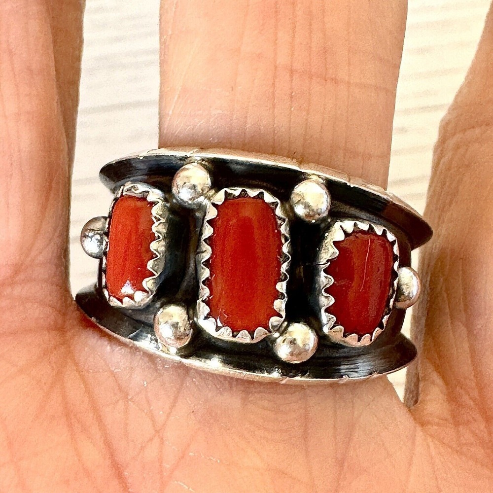 Navajo Mens Red Coral Wedding Band Sz 12 Ring 15mm Native Amer Dark Sterling